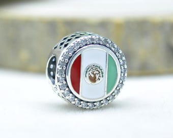 Sterling silver Exclusive Mexico Flag Charm : Enamel & CZ Travel Theme Bead