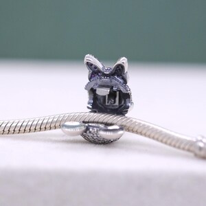 May include: A silver charm with a bow design, adorned with small purple and clear gemstones. The charm is attached to a silver bracelet. The bow charm has a hinged opening.