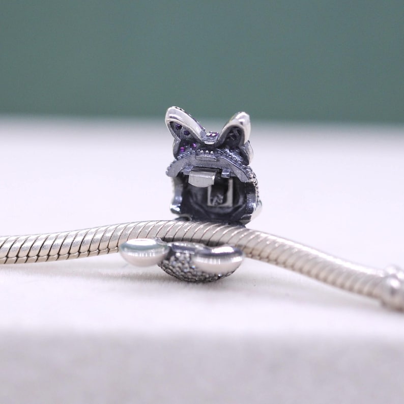 May include: A silver charm with a bow design, adorned with small purple and clear gemstones. The charm is attached to a silver bracelet. The bow charm has a hinged opening.