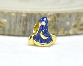 14K Gold Plated Mickey Mouse Sorcerer's Magic Hat Charm : Enamel & Zirconia Bead