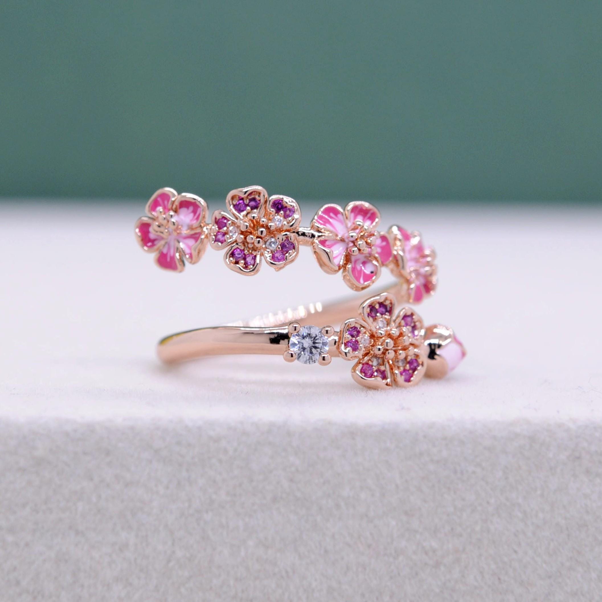 フローラルRING Rose Gold Peach Blossom Ring: Enamel Flower Branch, Cubic Zirconia