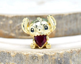 Pingente Stitch Coração Vermelho, Banhado a Ouro 14k, Presente para ela