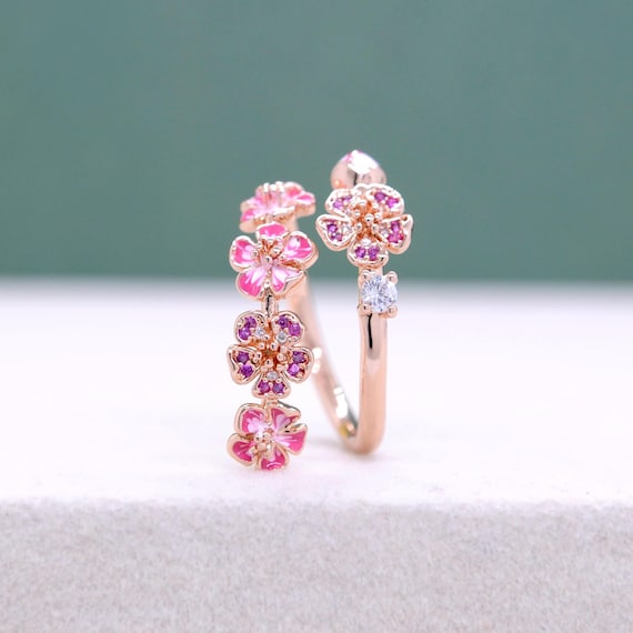 Rose Gold Peach Blossom Ring: Enamel Flower Branch, Cubic  display picture 1