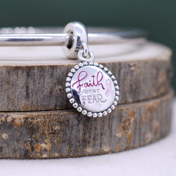 Sterling Silver Faith Over Fear Pink Ribbon Dangle Charm for Charm