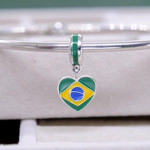 Sterling Silver Exclusive Country of Brazil Flag Heart Dangle Charm Travel Pendant Charm /Fit Charm Necklaces Bracelets /Gift for friends