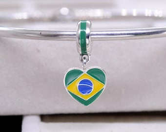 Sterling Silver Exclusive Country of Brazil Flag Heart Dangle Charm: Travel Pendant
