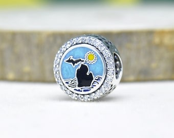Sterling Silver Michigan Beach Charm: Button Enamel Travel Bead