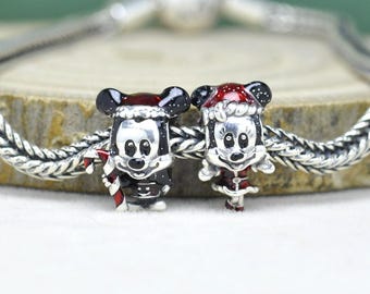 Pingente de Natal Mickey e Minnie: Conta de desenho animado esmaltada em prata esterlina