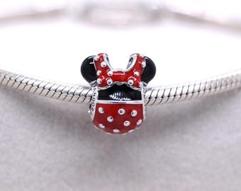 Ciondolo esclusivo Minnie Mouse con fiocco rosso e nero a pois: argento sterling smaltato