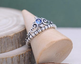 925 Sterling Silver  Cinderella Blue Tiara Ring with Blue Zirconia, Gift For Her, Gift for lover, Gift for Mother ,Gifts for daughters