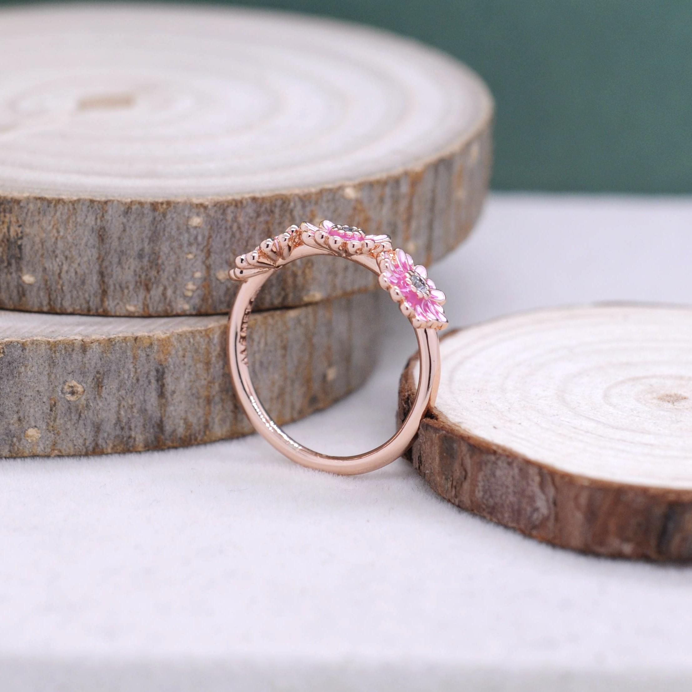 Pink Daisy Flower Trio Ring: 14k Rose Gold Plated Cubic Zirconia
