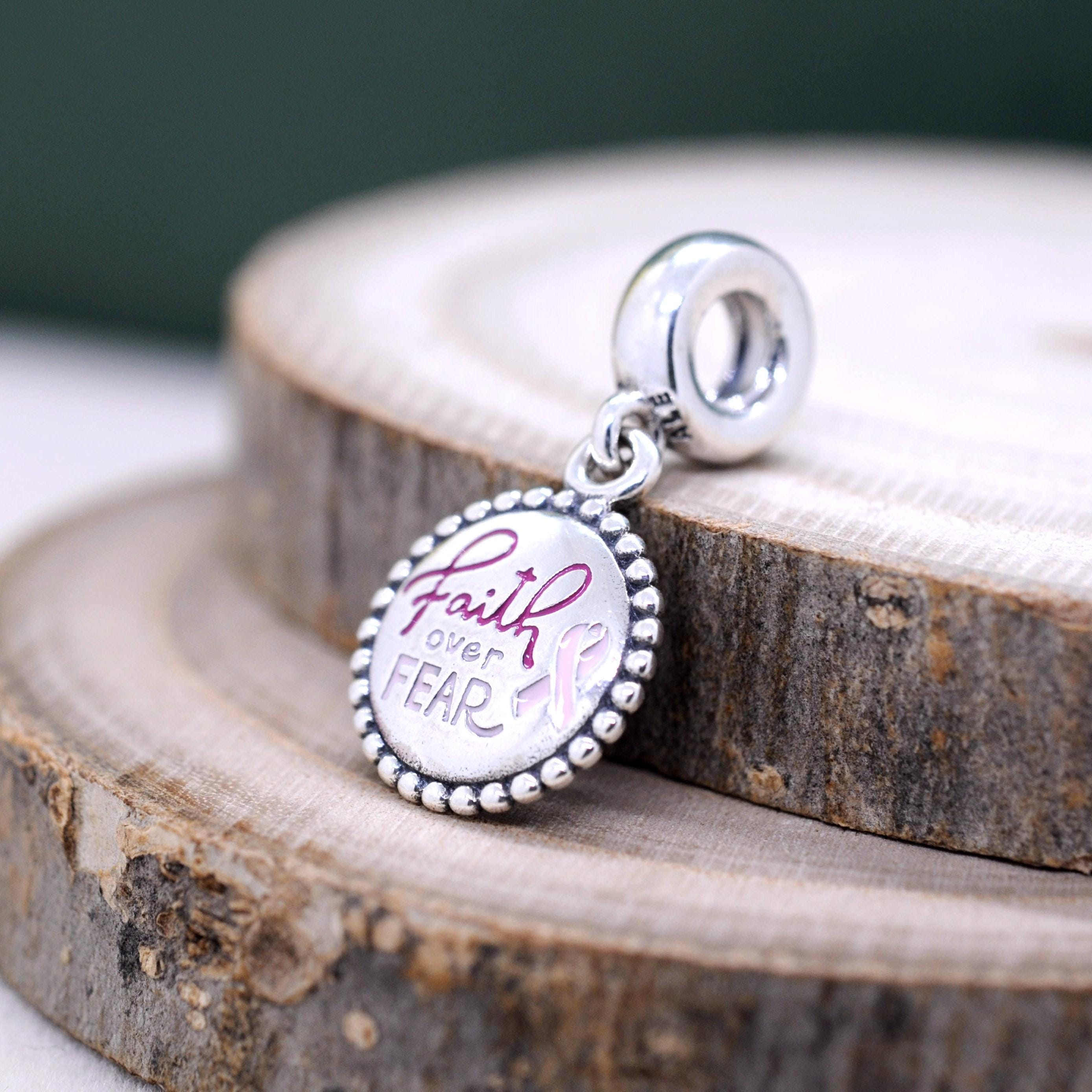 Sterling Silver Faith Over Fear Pink Ribbon Dangle Charm for Charm