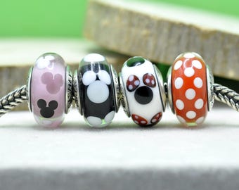 Sterling Silver Core Classic Minnie & Mickey Mouse , Minnie's Signature Look Murano Glass Charms