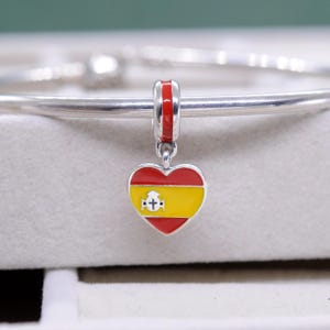 Sterling Silver Exclusive Country of Spain Flag Heart Dangle Charm Travel Pendant Charm /Fit Charm Necklaces Bracelets /Gift for friends