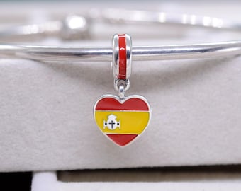 Sterling Silver Exclusive Country of Spain Flag Heart Dangle Charm Travel Pendant