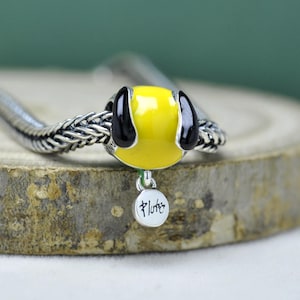 May include: A silver charm bracelet with a yellow and black dog-shaped bead. The bead has black ears and a yellow head. A small silver tag with the name "Pluto" is attached to the bead.