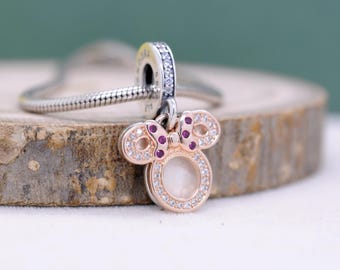 Minnie Mouse Silhouette Double Dangle Charm: 14K Rose Gold & Sterling Silver