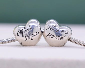 Sterling Silver Parks Minnie Mouse and Mickey Mouse Signature Heart Charm