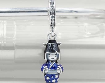 Sterling Silver Japanese Doll in Blue Kimono Dangle Japan Travel Charm/ Fit Necklaces and Bracelets /Gift for her /Gift for friends