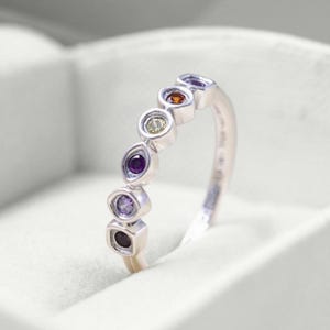 May include: A silver ring featuring a series of colorful gemstones. The ring showcases a row of bezel-set stones in various colors, including purple, yellow, and orange. The ring is set against a white background, highlighting the gemstones' brilliance.