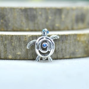 Puede incluir: Un colgante de tortuga en tono plateado con un diseño de caparazón en espiral y pequeños acentos circulares azules en la cabeza y el centro del caparazón. La tortuga tiene cuatro aletas y una cabeza definida, con un acabado metálico pulido.