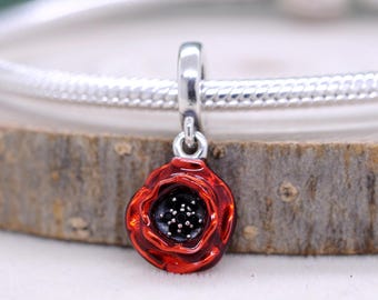 Sterling Silver Red Poppy Flower Dangle Charm: Enamel Flower Pendant
