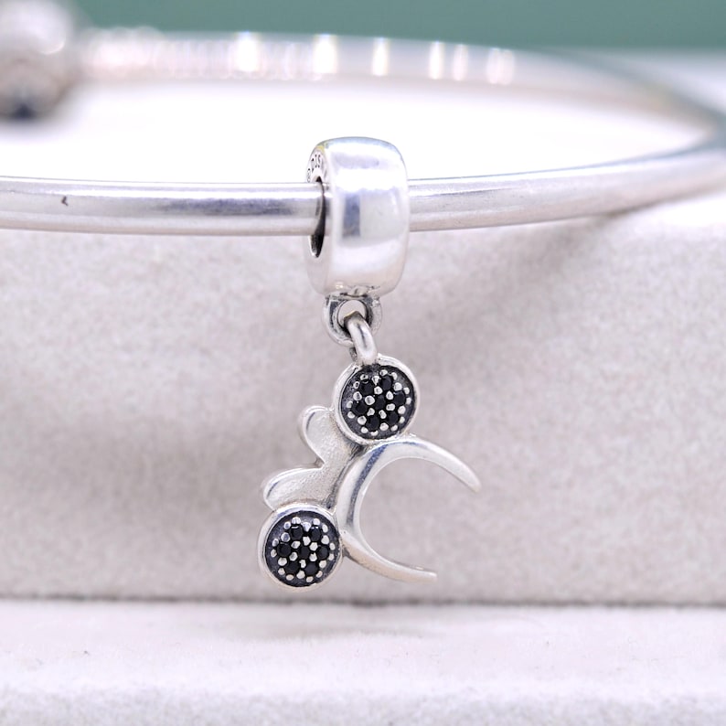 May include: A silver charm with a decorative design, featuring two circular elements with black accents and a curved shape. The charm is suspended from a silver bracelet.