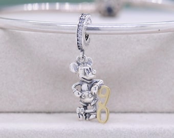 Sterling Silver Mickey Mouse 90th Anniversary Dangle Pendant Charm, 14K gold plated Accent