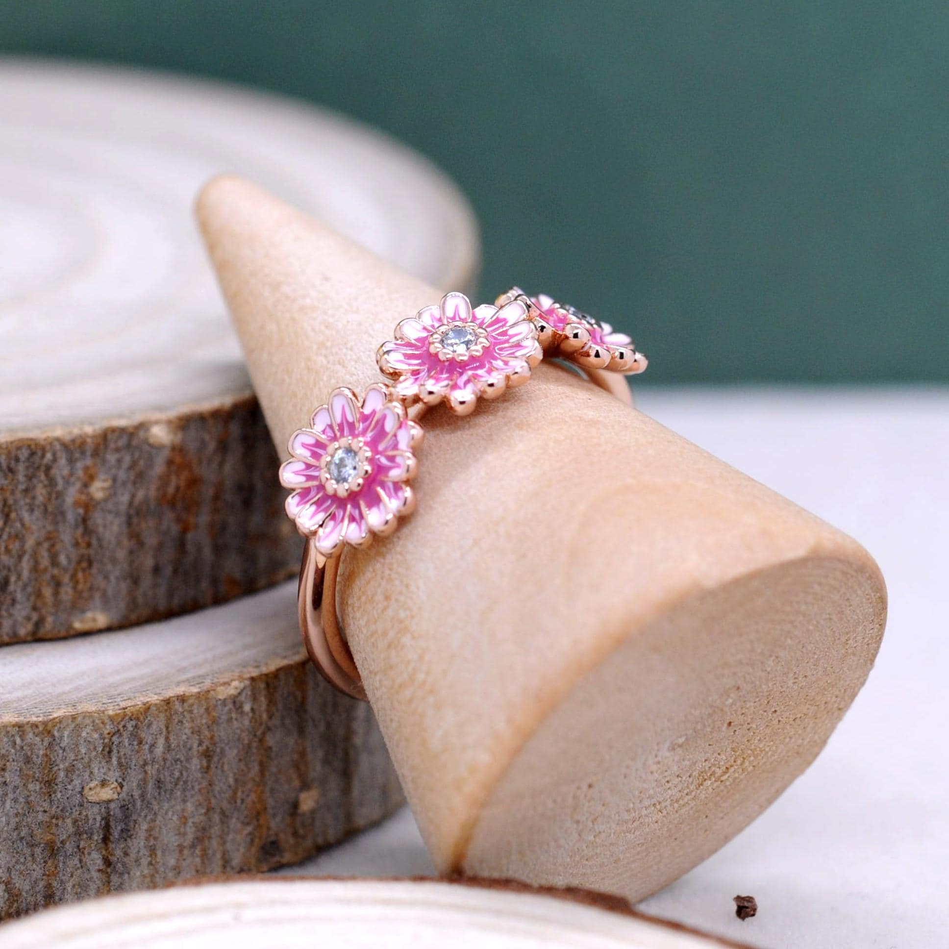Pink Daisy Flower Trio Ring: 14k Rose Gold Plated Cubic Zirconia