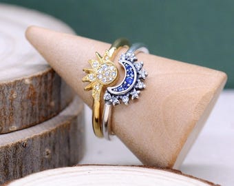 Anel Lua Celestial Azul Brilhante e Anel Sol Celestial Dourado Brilhante, Presente para Ela, Presente para a Namorada, Presente para a Mãe, Presente para Amigas