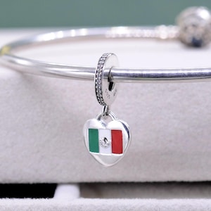 Sterling Silver Exclusive Mexico Flag Heart Dangle Charm Travel Pendant /Fit Charm Necklaces Bracelets/Gift for friends /Mixed Enamel