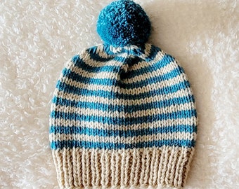 Ready to Ship Kids and Adult Size Creme and Smokey Turquoise striped hand knit Pom Pom Hat, Unisex Men's hats, Father and Son winter hats
