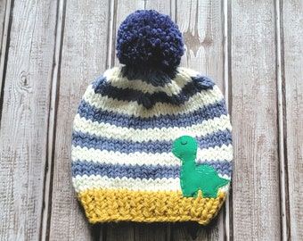 Ready to Ship Kids Hand Knit Mustard Creme and Denim striped Pom Pom Hat with Dinosaur Applique Kids to Adult sizing
