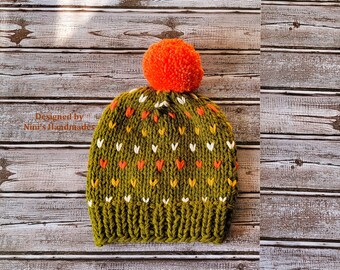 Only One Left Hand Knit Fall Colors Olive with Tiny Hearts Fair Isle stitches and Orange Pom Pom Hat, Unisex Fair Isle Hat Kids to Adult