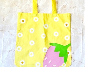 Ready to Ship Yellow Strawberry Daisy Canvas Tote Bag FRONT PRINT ONLY!