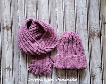 Final Sale Kids Hand Knit Rib Knit Eggplant Hat and Scarf Set