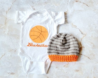 Baby 2 Piece White Basketball Bodysuit and cute hand knitted Hat,  Basketball baby shower nursery gift