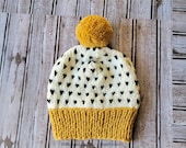 CHUNKY Knit Mustard Creme and Black Fair Isle Pom Pom Hat, Unisex Fair Isle Hat Kids to Adult Sizes, Chunky Winter Pom Pom Hats in all sizes
