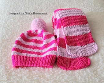 OOAK Ready to Ship Womens Light Pink and Hot Pink Striped Pom Pom Hat and Scarf