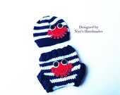 Knit  Nautical Baby Hat   and Diaper Cover with CRAB, baby outfit, baby hospital outfit,  Crab, baby set, childrens clothing,