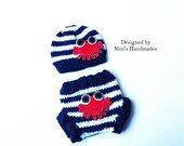 Knit  Nautical Baby Hat   and Diaper Cover with CRAB, baby outfit, baby hospital outfit,  Crab, baby set, childrens clothing,