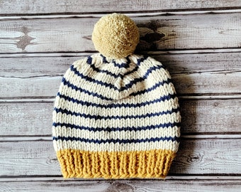 Made to Order Kids to Adult Size Hand Knit Mustard Beige and Navy striped Pom Pom Hat