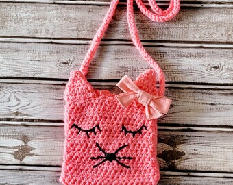 Ready to ship Kids Toddlers Coral Kitty  Crochet Strap Bag