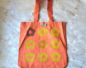 Burnt Orange Canvas Tote Bag Flowers - FRONT PRINT ONLY