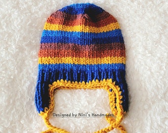 Hand Knit Boys Ear Flap Hat, Fall and Winter, Boys striped kids gift, Brown Royal Blue themed