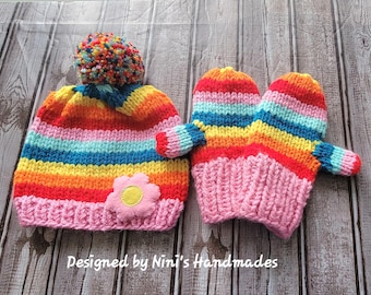 Colorful Fun Girls Winter Hand Knit  Pom Pom Hat and Mittens Set