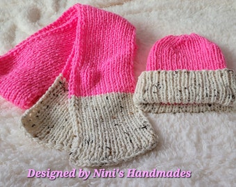 Ready to Ship Womens Hot Pink and Speckled Creme Double Brim Hat and Scarf Set, womens winter gifting