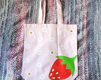 Ready to Ship Pink Strawberry with Daisies Canvas Tote Bag FRONT PRINT ONLY!