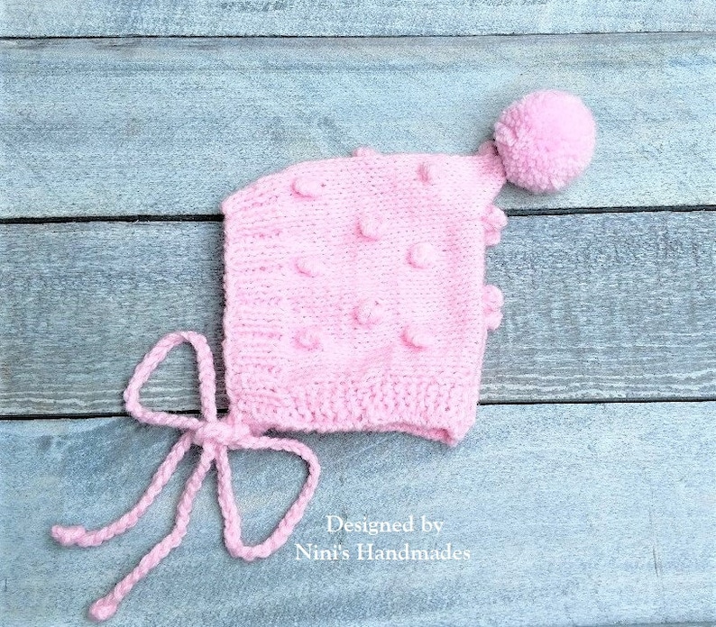 Handmade Hats baby shower gift Baby pixie Bonnets Bonnet Kids apparel Knit Pink Bobble Pixie Bonnet Pom Pom Hat For Fall and Winter