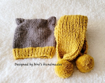 Final Sale Ready to Ship Kids Hand Knit Mustard and Brown Fox ear Hat and Mustard Pom Pom Scarf